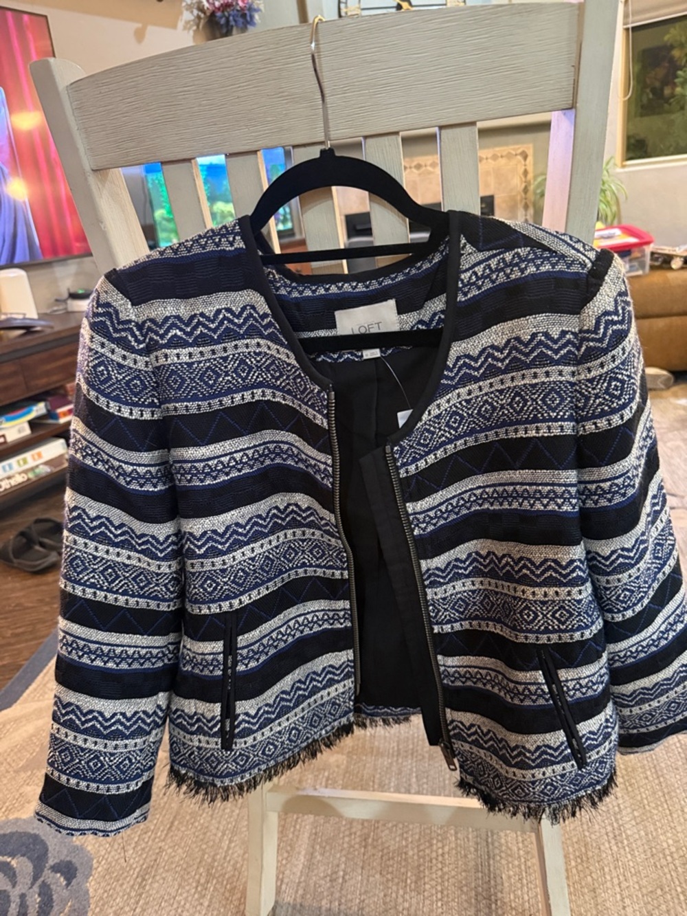 LOFT Navy, Black & White Patterned Fringe Hem Blazer